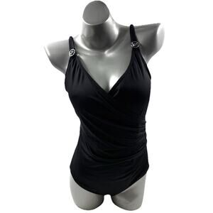 Michael Kors Black Logo Hardware Surplice Neck One Piece Swimsuit Size 14